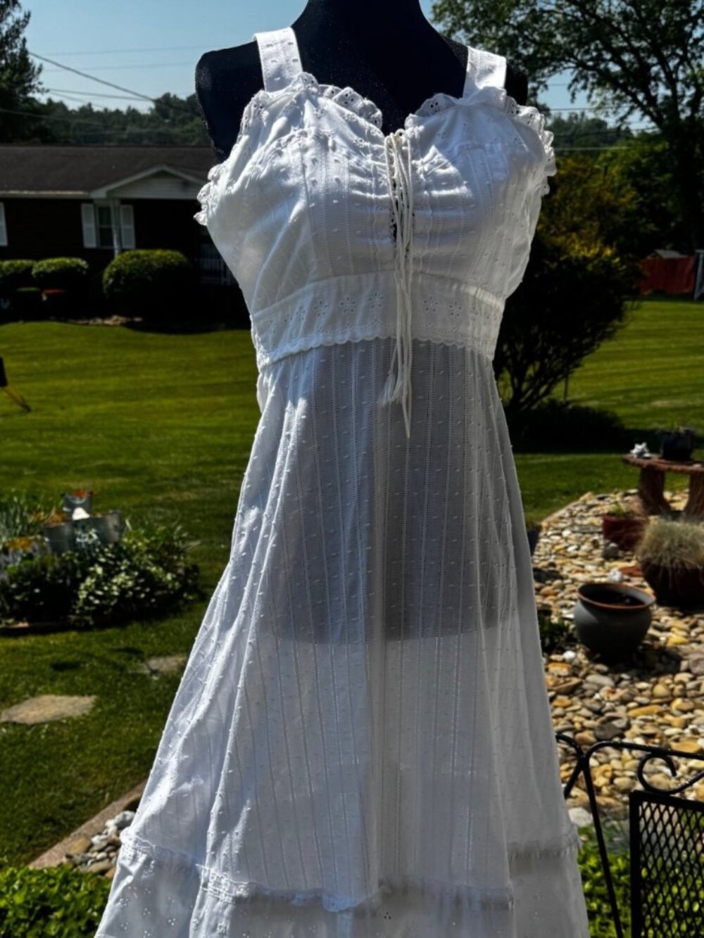 Handmade XS White Prairie Maxi Dress Corset Lace Up Tiered Cottagecore Bridal